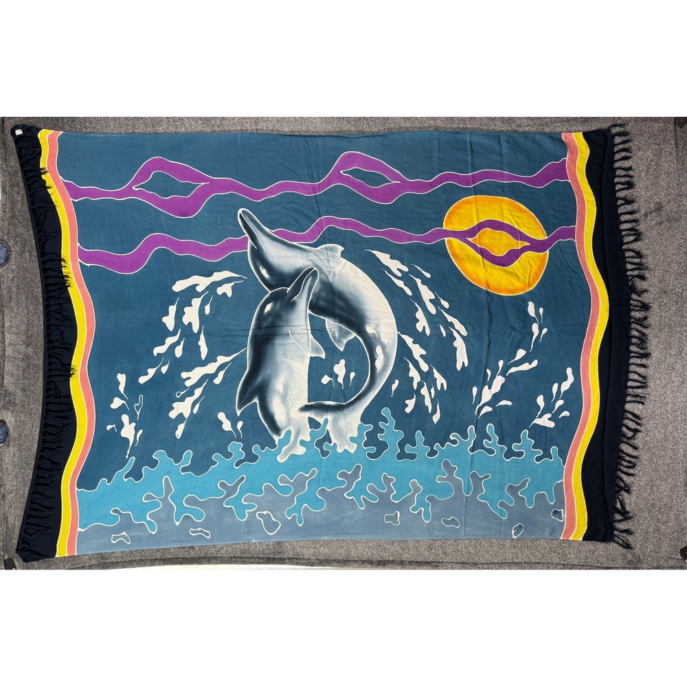 Vintage Dolphin Batik Sarong Wrap Beach Cover Up Blue Pink Yellow Fringe Large